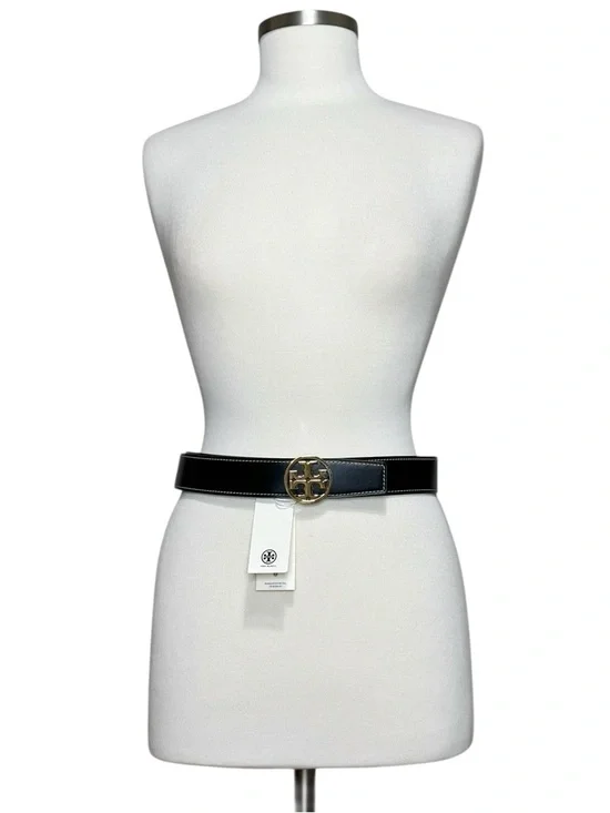 TORY BURCH 1.5” Miller Smooth Reversible Belt, Black/Whiskey Gold, Medium - Picture 2 of 6